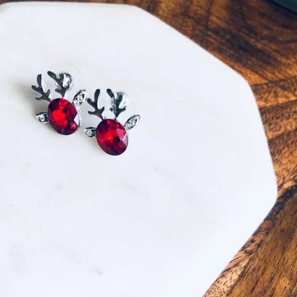 Silver & Red Earrings Holiday Christmas Reindeer Gem Rhinestone Jewel Cocktail